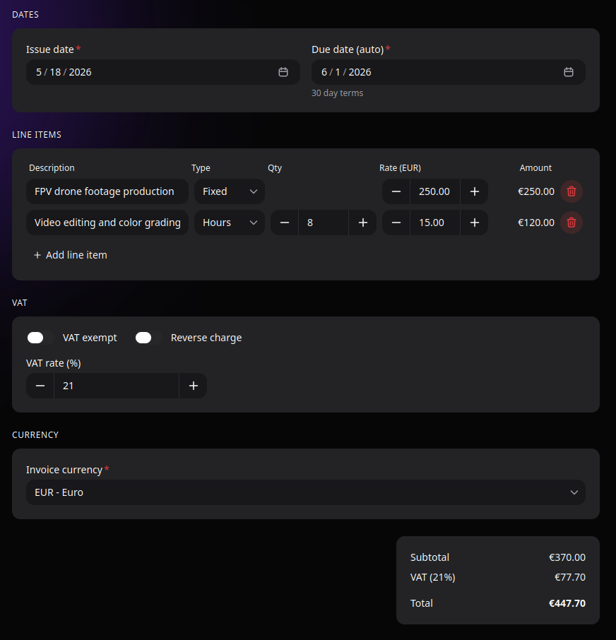 Create professional invoices in seconds
